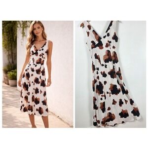 Paper Heart Pony Midi Dress Womens XS White Brown Cow Print Linen Blend Cowgirl